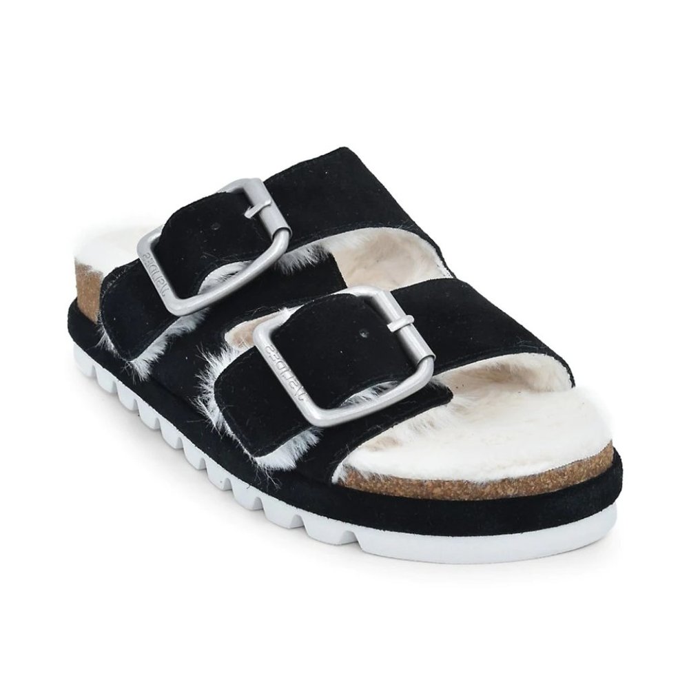 Faux Fur-Lined Suede Slides from J/SLIDES